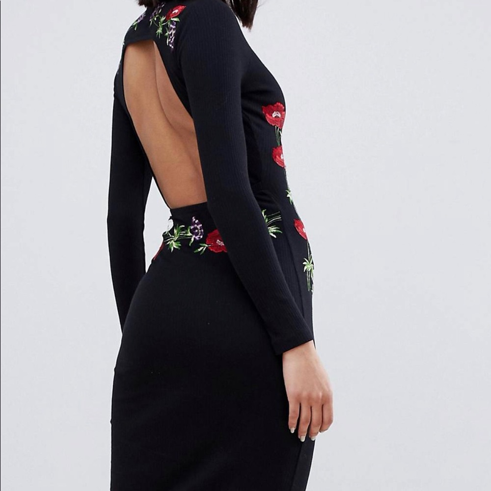 Asos design embroidered rib midi bodycon dress with open back